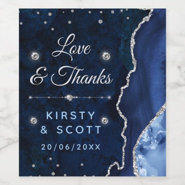 Blue & Silver Glitter Agate and marble Wedding Wine Label (Single Label)