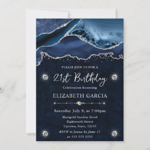 Blue Silver Glitter Agate Birthday Party Invitation