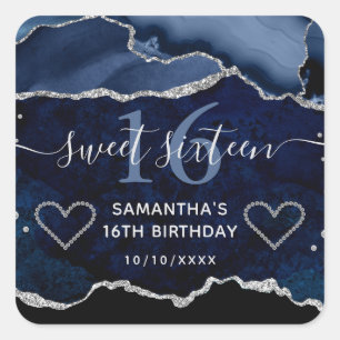 Blue & Silver Glitter Agate Marble Sweet 16 Square Sticker