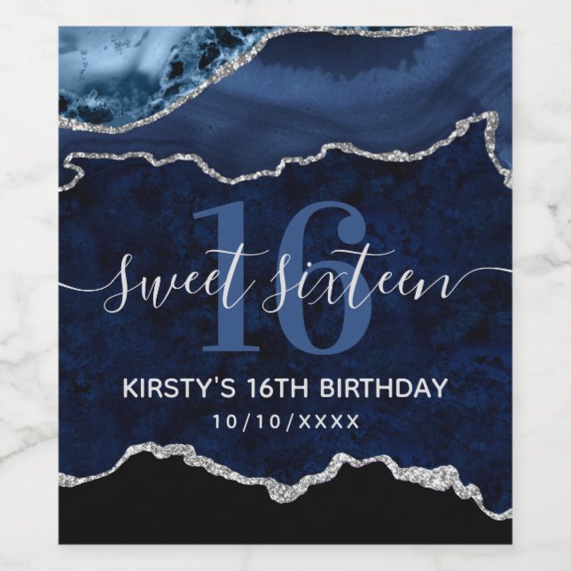 Blue & Silver Glitter Agate Marble Sweet Sixteen Wine Label (Single Label)