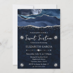 Blue & Silver Glitter Agate Sweet 16 Invitation