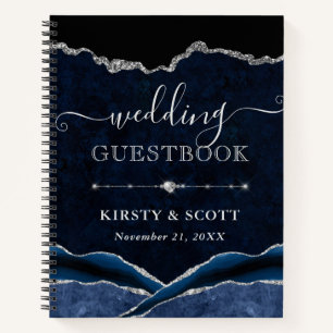 Blue & Silver Glitter Agate Wedding Guest Book