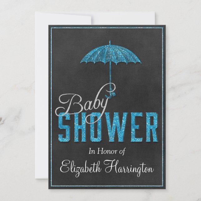 Blue Silver Glitter Baby Boy Shower Umbrella Invitation (Front)