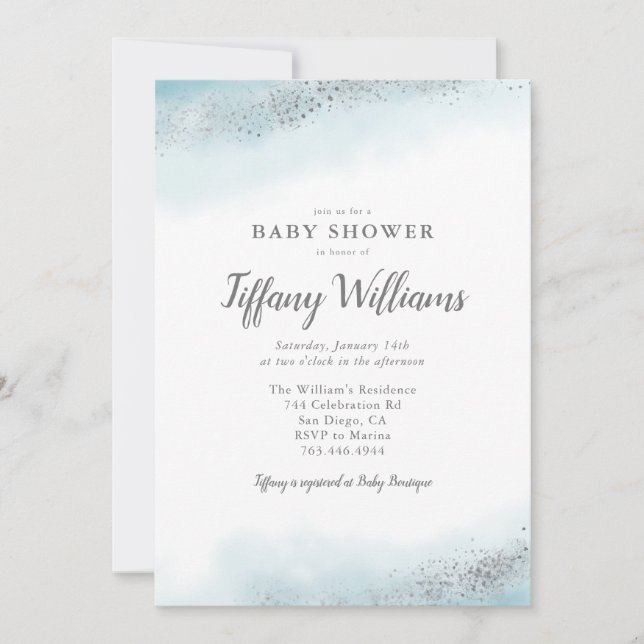 Blue Silver Glitter Boy Baby Shower Invitation (Front)