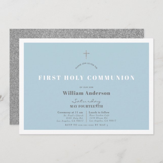 Blue Silver Glitter Boy First Holy Communion Invitation (Front/Back)
