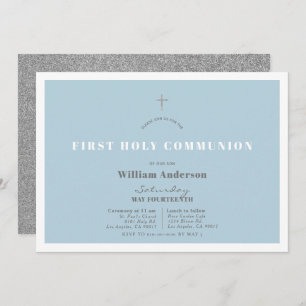 Blue Silver Glitter Boy First Holy Communion Invitation