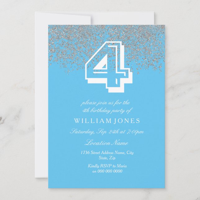 Blue Silver Glitter Boys 4th Birthday Party Invite (Front)