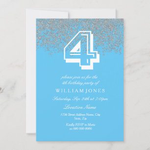 Blue Silver Glitter Boys 4th Birthday Party Invite