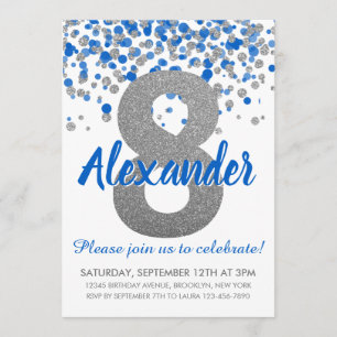 Blue Silver Glitter Confetti Boy Eighth Birthday Invitation