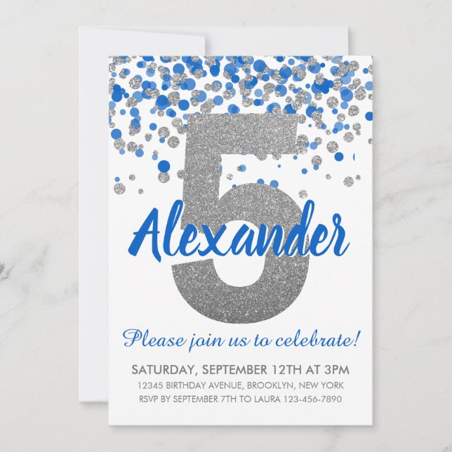 Blue Silver Glitter Confetti Boy Fifth Birthday Invitation (Front)