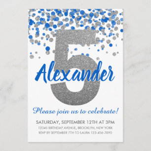 Blue Silver Glitter Confetti Boy Fifth Birthday Invitation