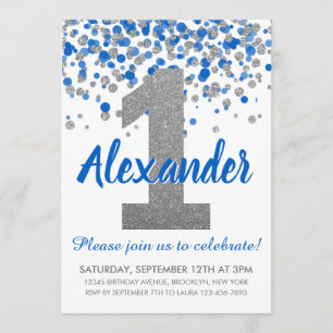 Blue Silver Glitter Confetti Boy First Birthday Invitation