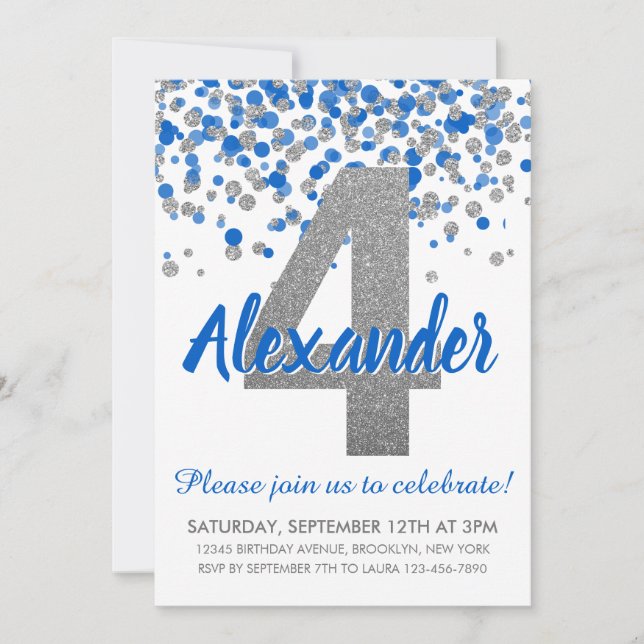 Blue Silver Glitter Confetti Boy Fourth Birthday Invitation (Front)
