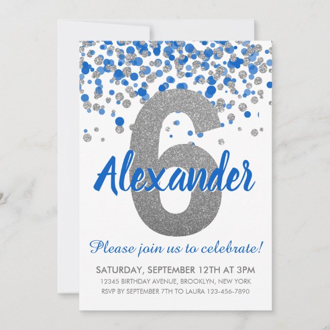 Blue Silver Glitter Confetti Boy Sixth Birthday Invitation (Front)