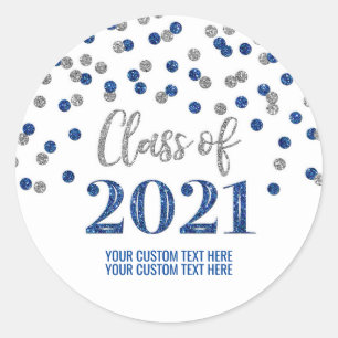 Blue Silver Glitter Confetti Graduation 2021 Classic Round Sticker