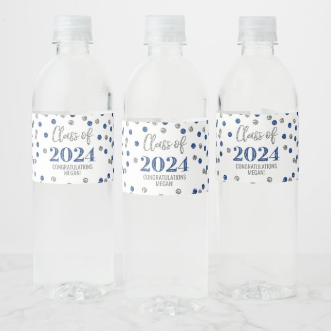 Blue Silver Glitter Confetti Graduation Water Bottle Label (Bottles)