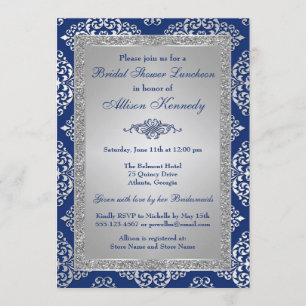 Blue, Silver Glitter Damask Bridal Shower Invite