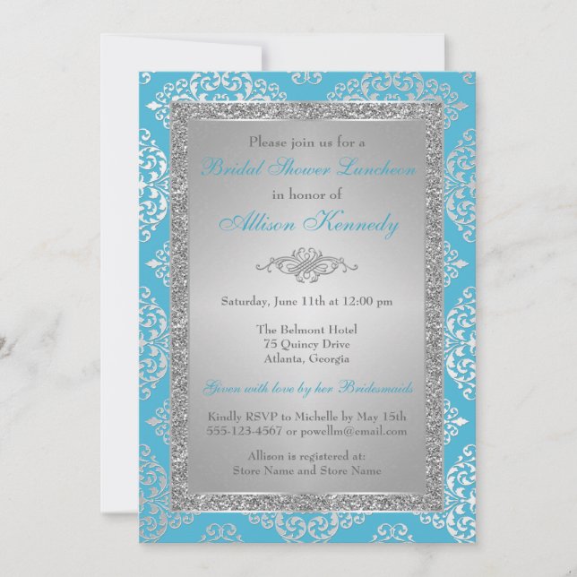 Blue, Silver Glitter Damask Bridal Shower Invite (Front)