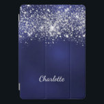 Blue silver glitter dust monogram name script iPad pro cover<br><div class="desc">A blue background. The blue colour is uneven. Decorted with faux glitter dust. Personalise and add a name. The first name is written with a modern hand lettered style script.</div>