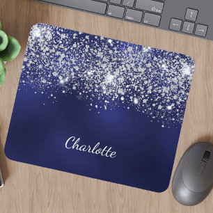 Blue silver glitter dust monogram name script mouse mat