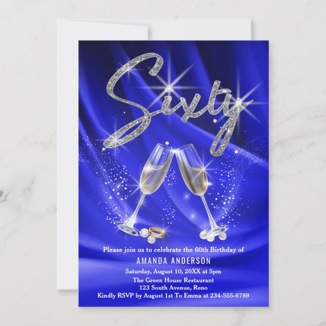 Blue & Silver Glitter Glam Modern 60th Birthday Invitation (Front)