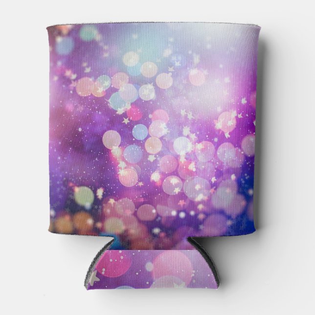 Blue Silver Glitter Lights Blur Can Cooler (Front)