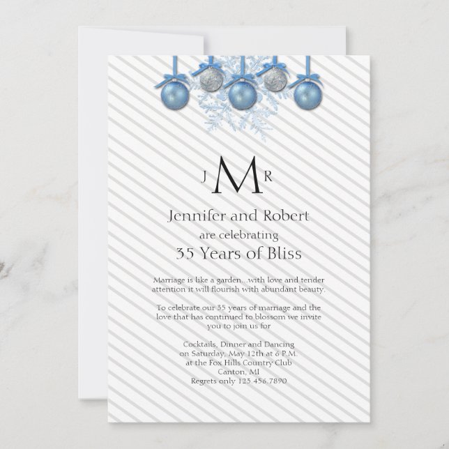Blue Silver Glitter Ornaments Wedding Anniversary Invitation (Front)