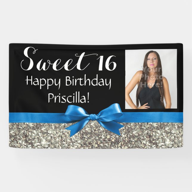 Blue Silver Glitter Photo Sweet 16 Birthday Party Banner (Horizontal)