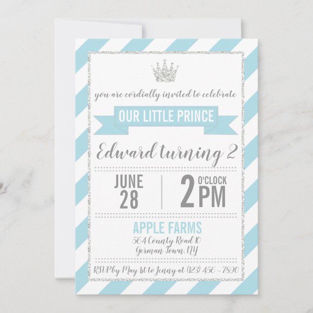 Blue Silver Glitter Prince Birthday Invitation (Front)