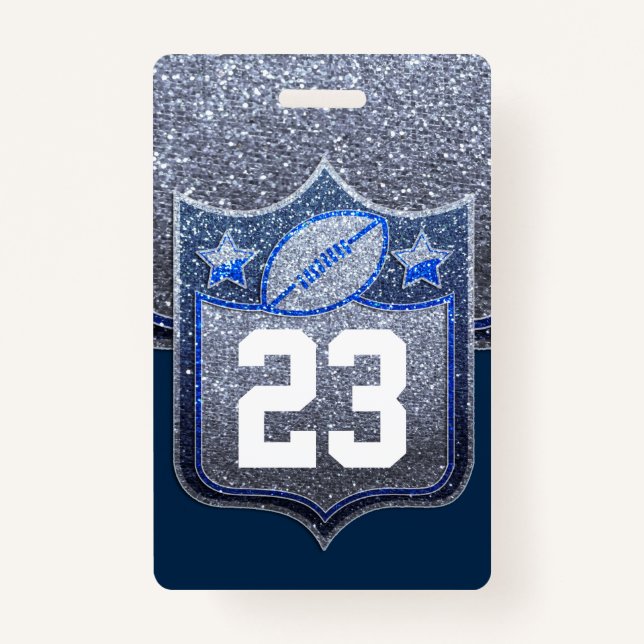 Blue & Silver Glitter School Football Team Sports ID Badge (Front)