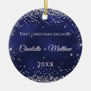 Blue silver glitter sparkles engaged photo ceramic tree decoration