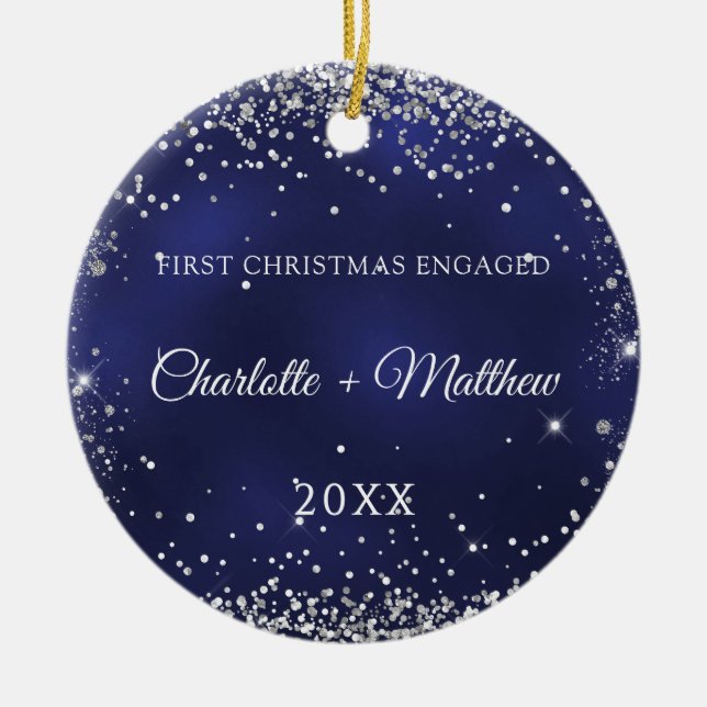 Blue silver glitter sparkles engaged photo ceramic tree decoration (Front)
