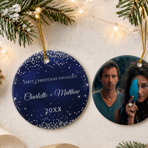 Blue silver glitter sparkles engaged photo ceramic tree decoration
