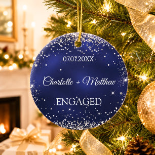 Blue silver glitter sparkles engamement ceramic tree decoration