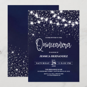 Blue Silver Glitter Sparkles Lights Quinceañera Invitation