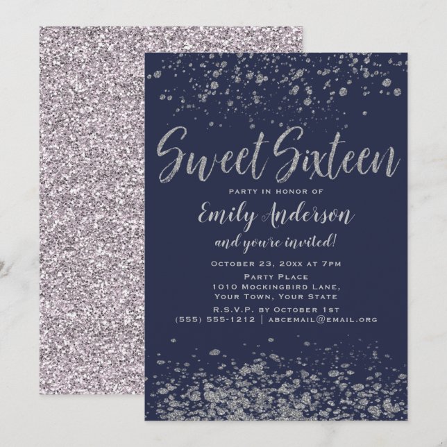 Blue Silver Glitter Sweet 16 Invitation (Front/Back)