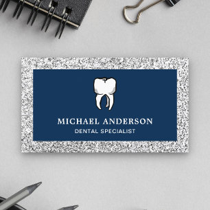 Blue Silver Glitter Tooth Dental Clinic Dentist Business Card