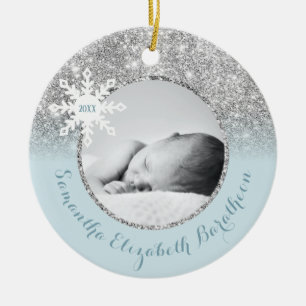 Blue Silver Glitter Winter Personalised Baby Ceram Ceramic Tree Decoration