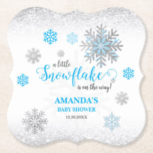 Blue Silver Glittery Snowflake Winter Baby Shower Paper Coaster