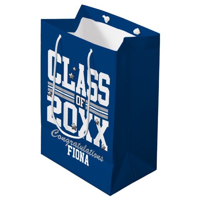 Blue|Silver Graduating Class Year Medium Gift Bag (Front Angled)