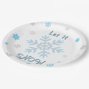 Blue Silver Gray Snowflakes Let it Snow Paper Plate
