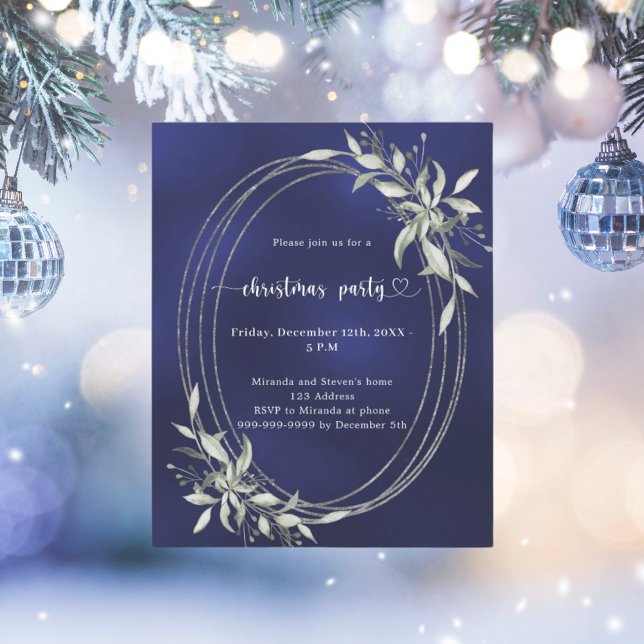 Blue silver greenery Christmas Party invitation (Creator Uploaded)
