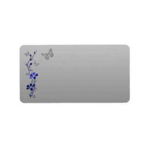 Blue, Silver Grey Butterfly Floral Label - Blank