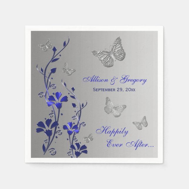 Blue, Silver Grey Butterfly Floral Paper Napkins 2 (Front)