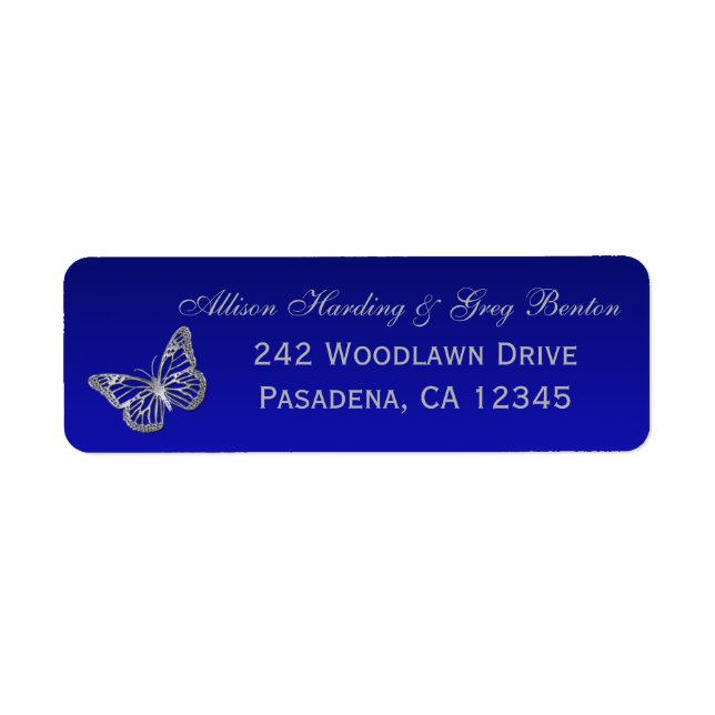 Blue, Silver Grey Butterfly Return Address Label (Front)