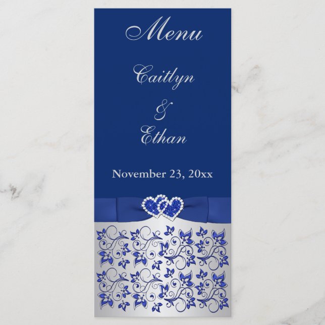 Blue, Silver Grey Floral, Hearts Menu Card (Front)
