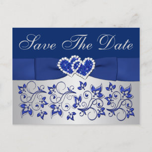 Blue, Silver Grey Floral Save the Date Postcard