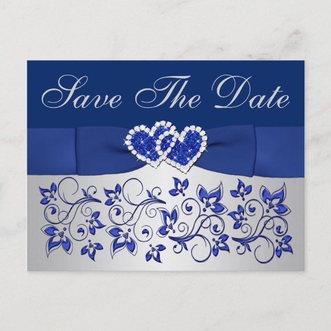 Blue, Silver Grey Floral Save the Date Postcard (Front)