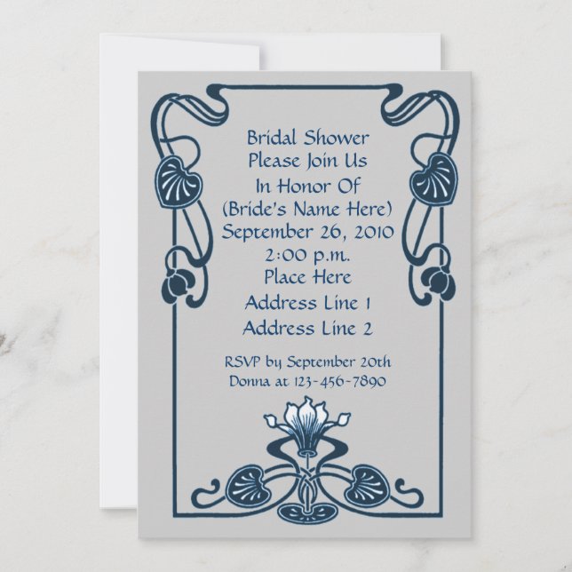 Blue Silver Grey Floral Swirls Bridal Shower  Invitation (Front)