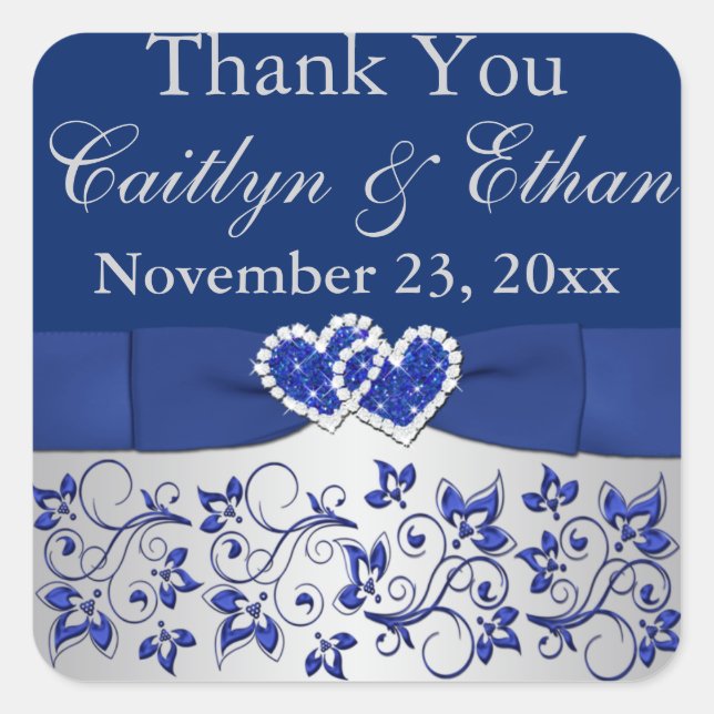 Blue, Silver Grey Floral Wedding Favour Sticker (Front)